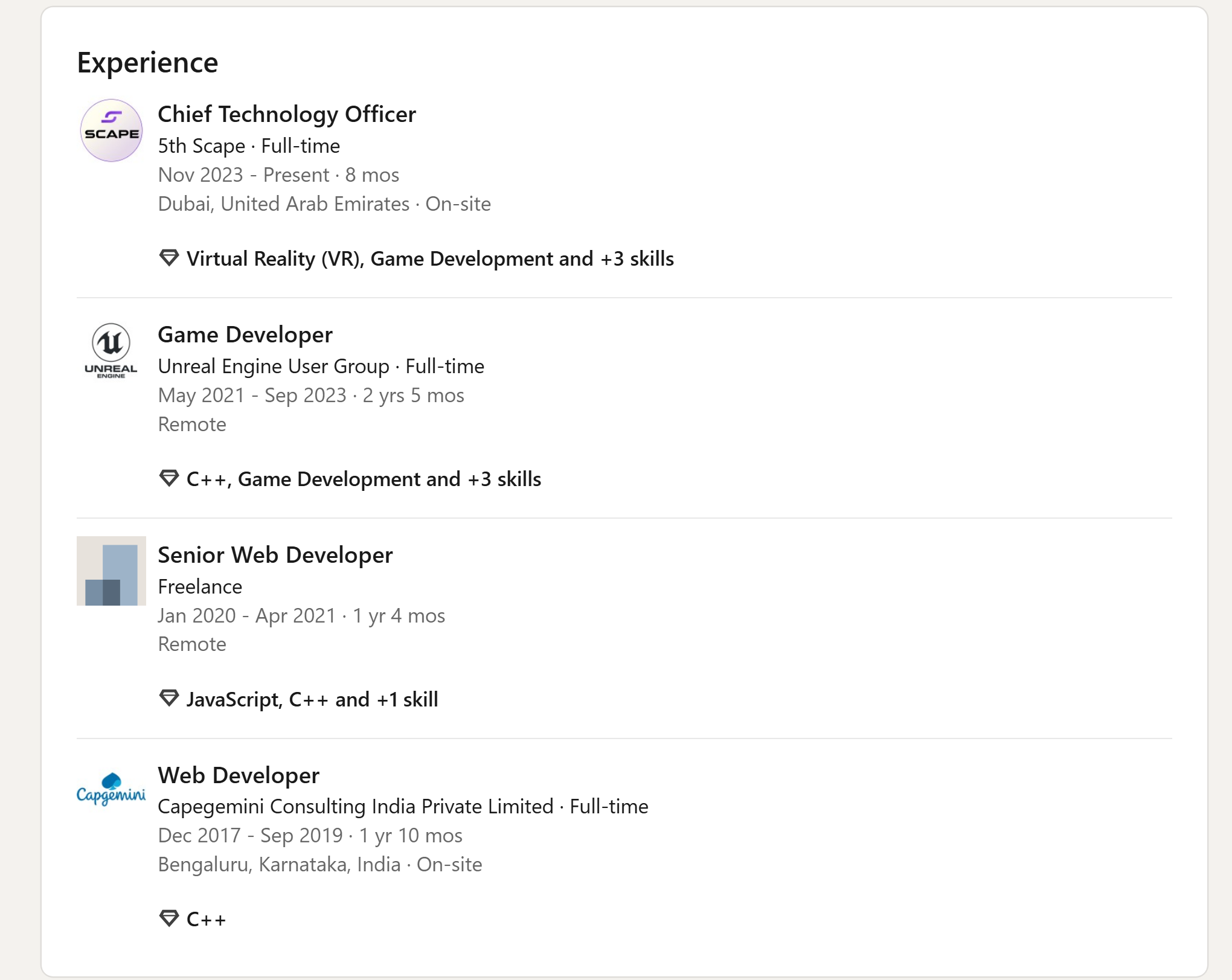 A list of four different development roles, with the most recent is CEO, and title of Experience